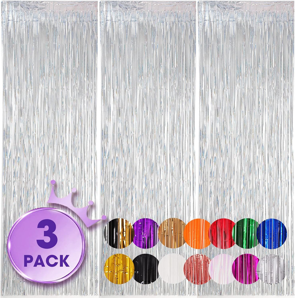 Voircoloria 3 Pack Laser Silver Foil Fringe Backdrop Curtains - 3.3x8.2 Feet for Parties & Events