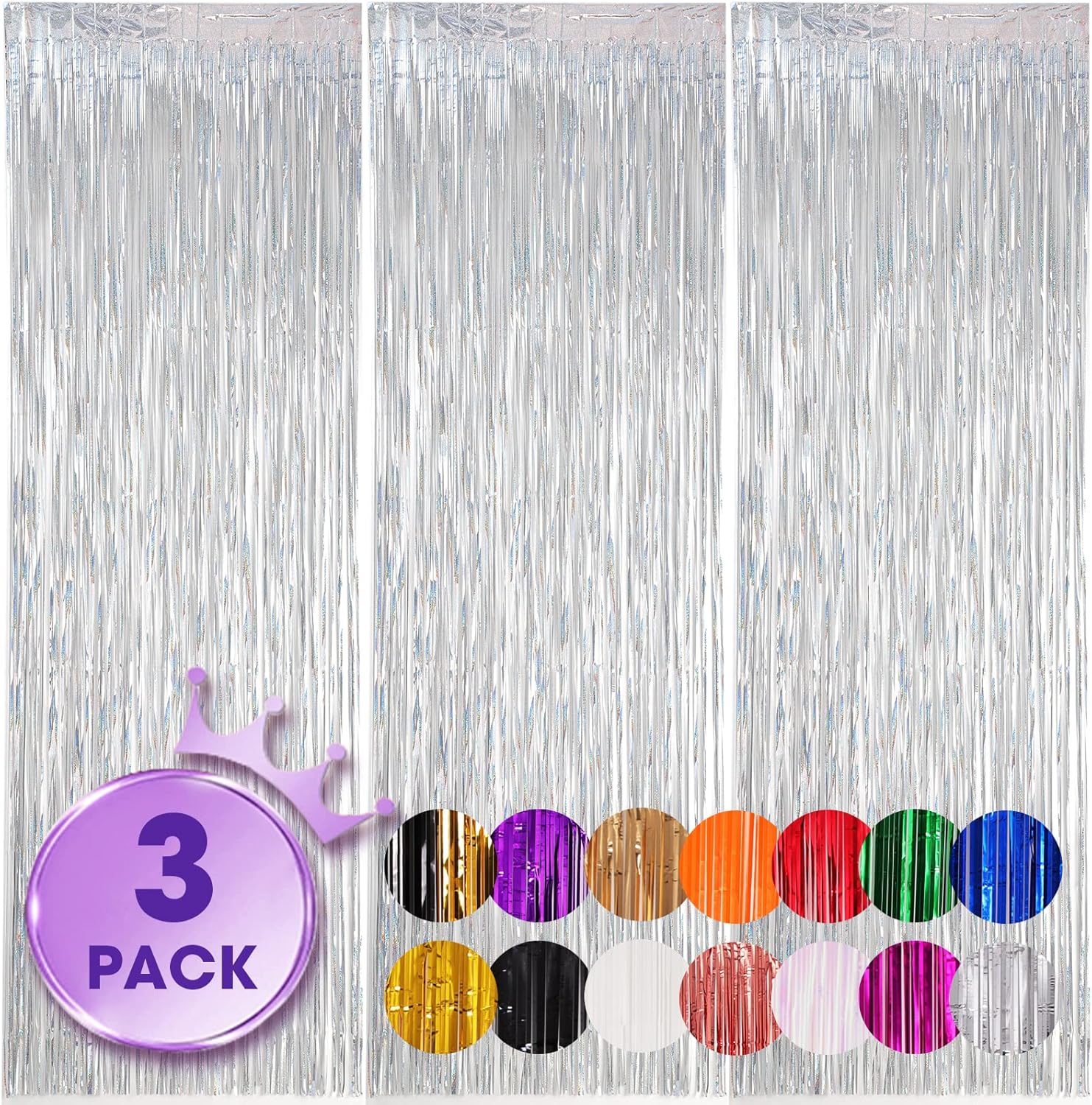Voircoloria 3 Pack Laser Silver Foil Fringe Backdrop Curtains - 3.3x8.2 Feet for Parties & Events