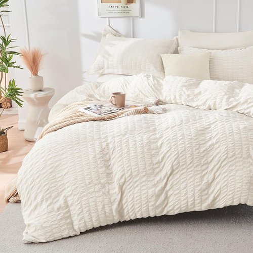 HYMOKEGE California King Comforter Set - 7-Piece Ivory Seersucker Luxury Bedding for All Seasons