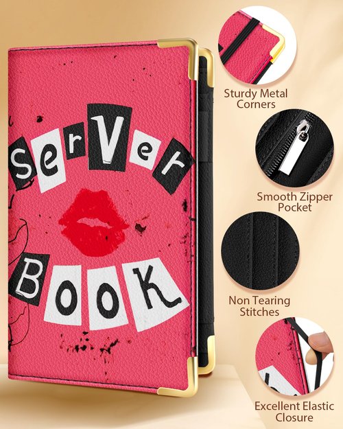 Slohif Server Book for Waitress Cute Serving Books with Zipper Pocket Accessories Leather Server Check Book Restaurant Waiter Server Booklet Organizer Ticket Book Holder Lip