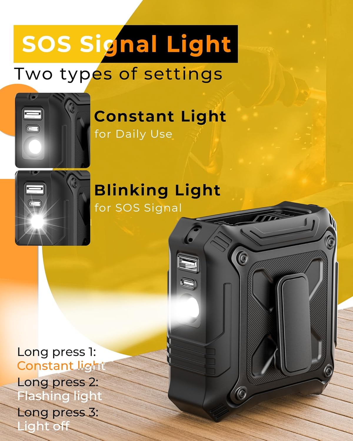 TUNISE Portable Fan - 5-Speed Dual-Sided Clip-On Waist Fan with 8000mAh Power Bank & Flashlight