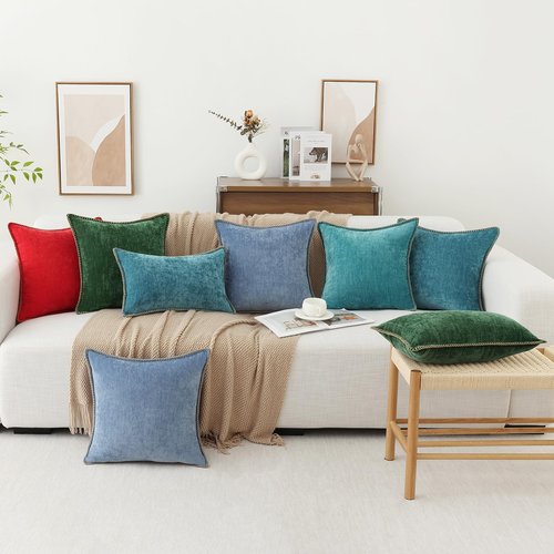 decorUhome Spring Chenille Soft Cozy Throw Pillow Covers 18x18 Set of 2, Modern Farmhouse Boho Velvet Decorative Pillow Cases with Stitched Edge for Couch Sofa Bed Home Decor, Blue