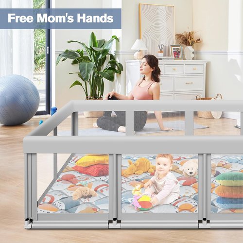 Large Baby Playpen - Sturdy Safety Play Yard with Soft Mesh & Anti-Slip Base | 74" x 50" Mat Included
