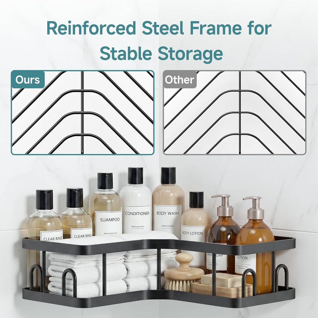 Veken Corner Shower Caddy - Rustproof Design with No Drilling Adhesive Shelves | Large Capacity Bathroom Organizer in Black