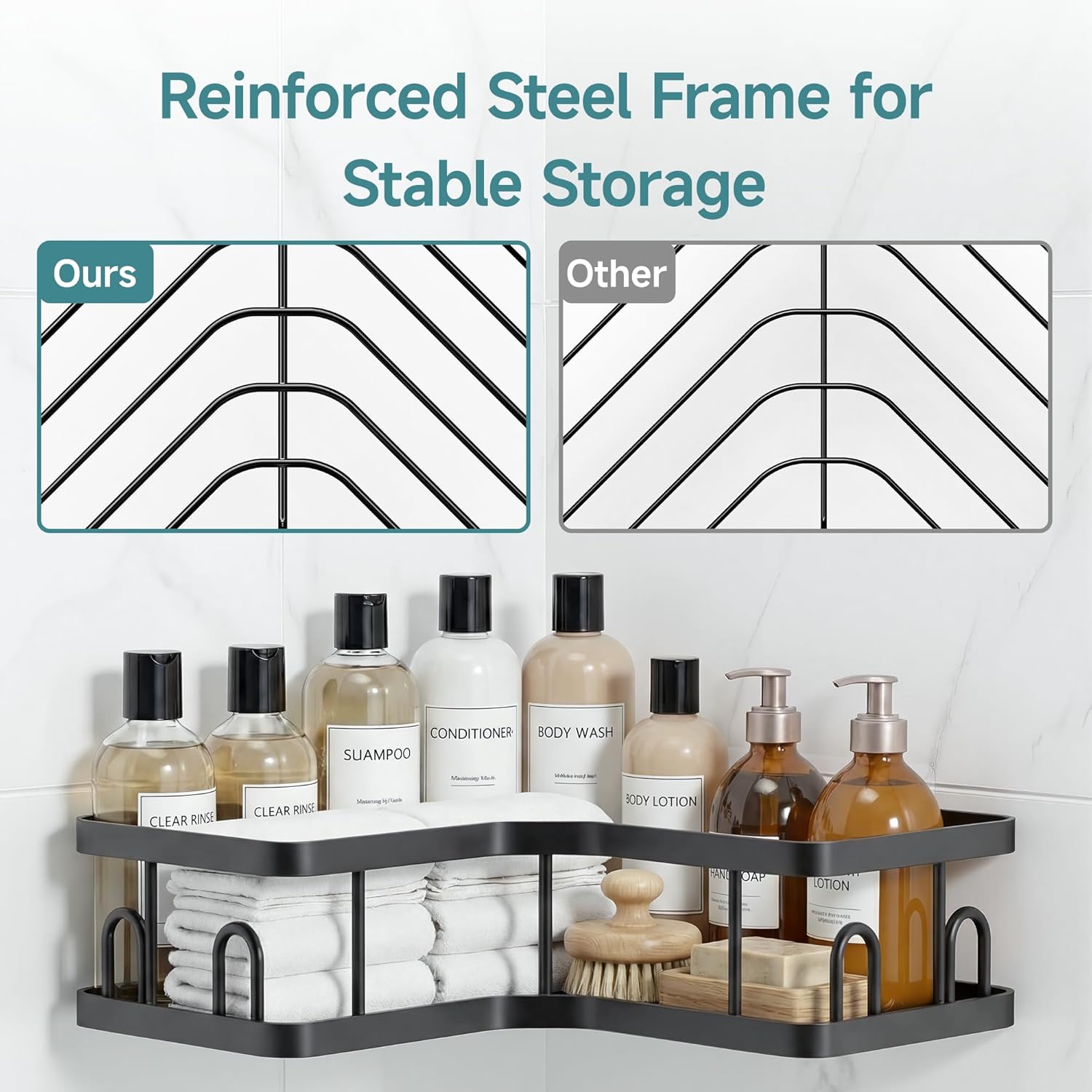 Veken Corner Shower Caddy - Rustproof Design with No Drilling Adhesive Shelves | Large Capacity Bathroom Organizer in Black