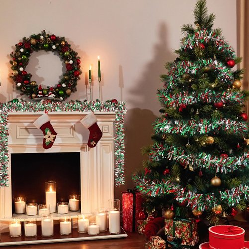 CCINEE 32.8 Feet Christmas Tinsel Garland,Metallic Tinsel Twist Garland Shiny Hanging Decoration for Party Supplies Xmas Tree Home Stairs Indoor Outdoor Decor(Red Green Sliver)