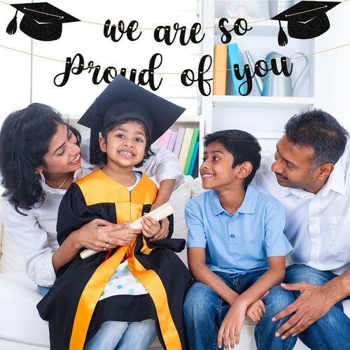 Qumic Graduation Decorations - 10 ft Black We are so Proud of You Banner, Black Graduate Banner, Happy Grad Supplies, Graduation Decorations for Middle School, High School, College