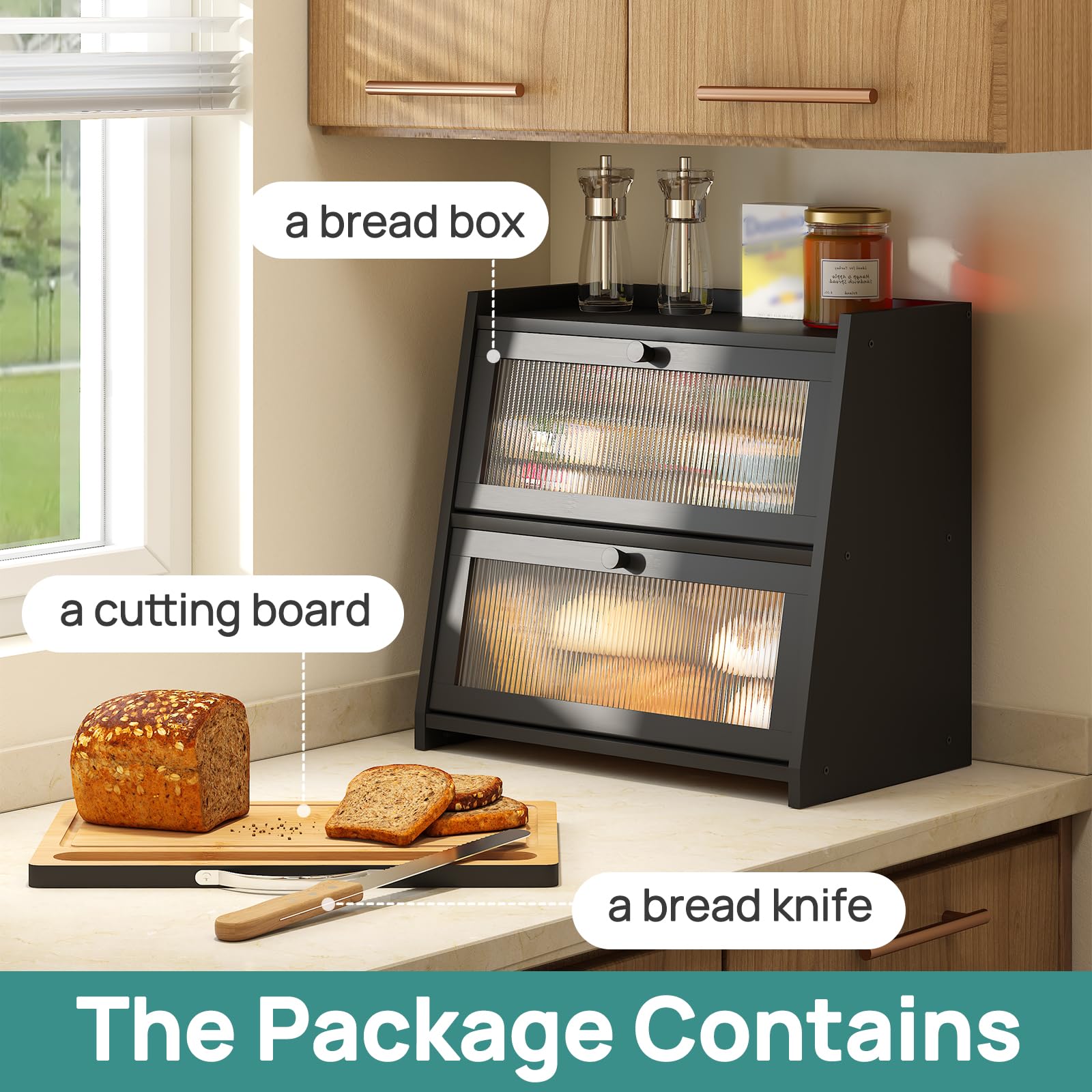 viewcare Bread Box for Kitchen Counter, Black Bread Box With Cutting Board, Bamboo Wood Large Capacity Bread Storage Bin with Acrylic Wavy Door Panel