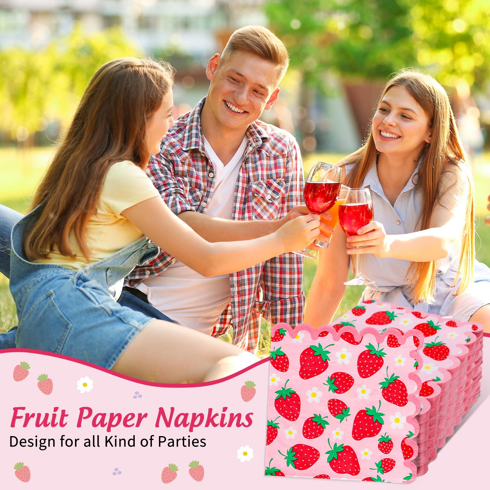 Whaline 50 Pcs Strawberry Scalloped Paper Napkins Pink Red Strawberry Flower Disposable Napkins Summer Fruit Luncheon Dinner Napkin for Birthday Party Table Supplies