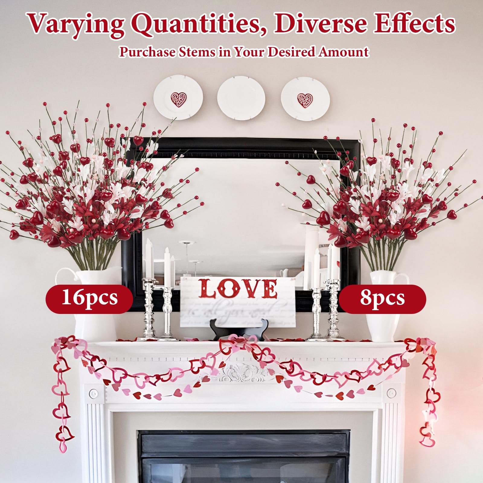 Valentines Day Decorations, 8PCS Valentine Floral Picks, Red Pink Heart Shaped Flower Stems, Artificial Berry Dry Flower Fillers for Vase, Table Centerpiece, Wedding Arrangement, Galentines, 24INCH