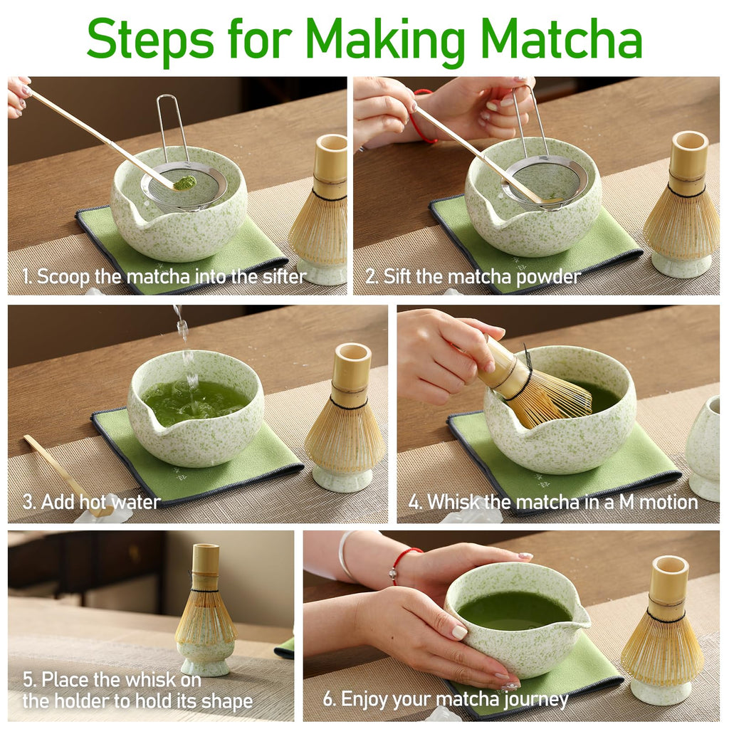 Coolpei Matcha Whisk Set, Ceramic Matcha Bowl with Spout, Bamboo Whisk, Scoop, Holder, Sifter, Tea Towel, 7-Piece Artisan Wave Matcha Kit Set for Making Breakfast/Latte, Round Green, Large