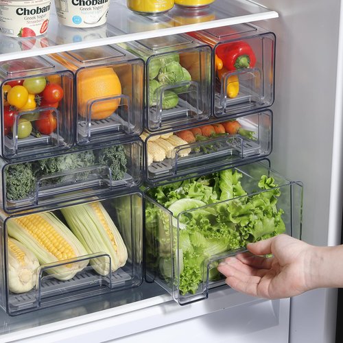 Bronkeeper Pull Out Clear Fridge Organizer Drawers with Drainer, Refrigerator Stackable Storage Bins for Kitchen Fruit & Veggie Organization (2PCS, Large)