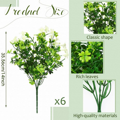 6 Bunch St Patricks Day Decoration Artificial Shamrock Plant for Faux Shamrock Pick Flower Stem Irish Clover Silk Floral Fake Green Leaf Realistic Flower Arrangement DIY Vase Home Table Decor(Elegant)
