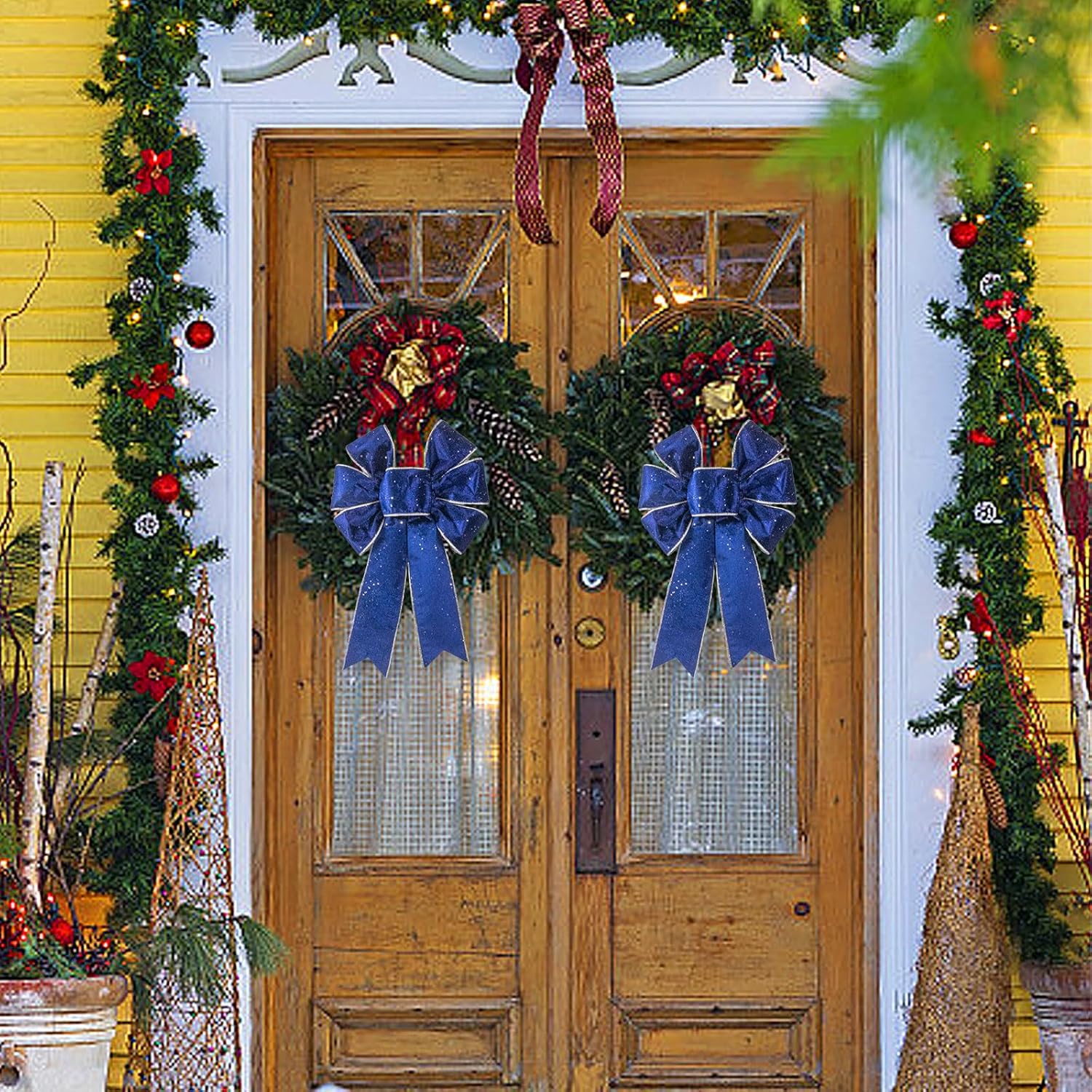 Threetols Vintage Blue Velvet Christmas Wreath Bows - 2pcs Navy Glitter Decor for Indoor/Outdoor Use