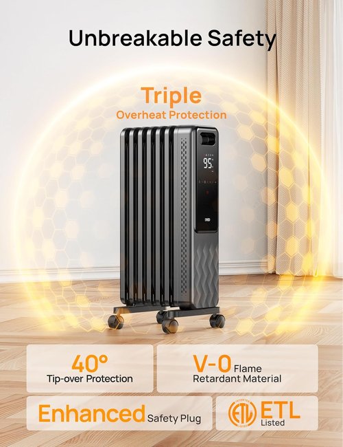 DREO Electric Radiant Heater - 1500W Oil Filled Radiator with Remote Control & 24h Timer | Quiet & Safe for Large Rooms