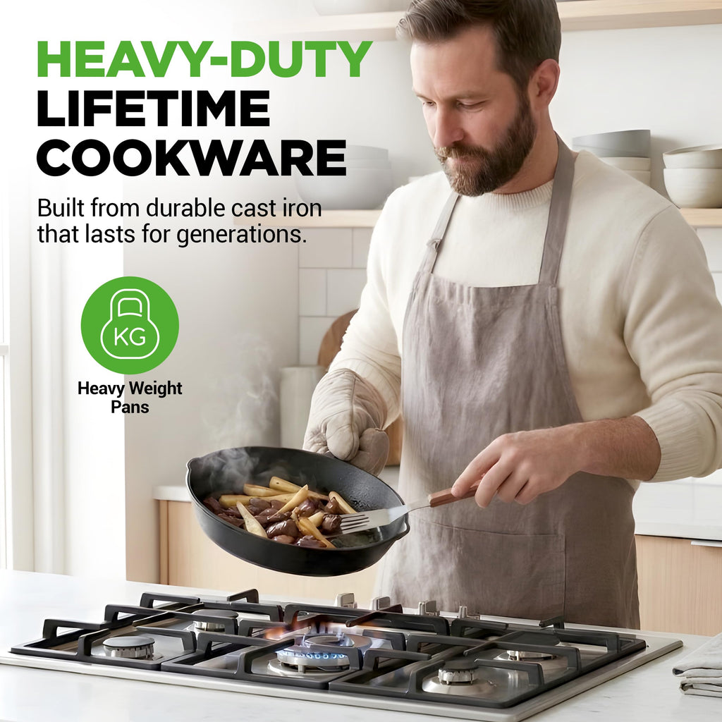 NutriChef Pre-Seasoned Cast Iron Skillets - 3 Pieces Cast Iron Cookware Set w/Drip Spout and Scraper - Compatible with Induction, Electric Stovetop, Gas, & Ceramic - NCCI76