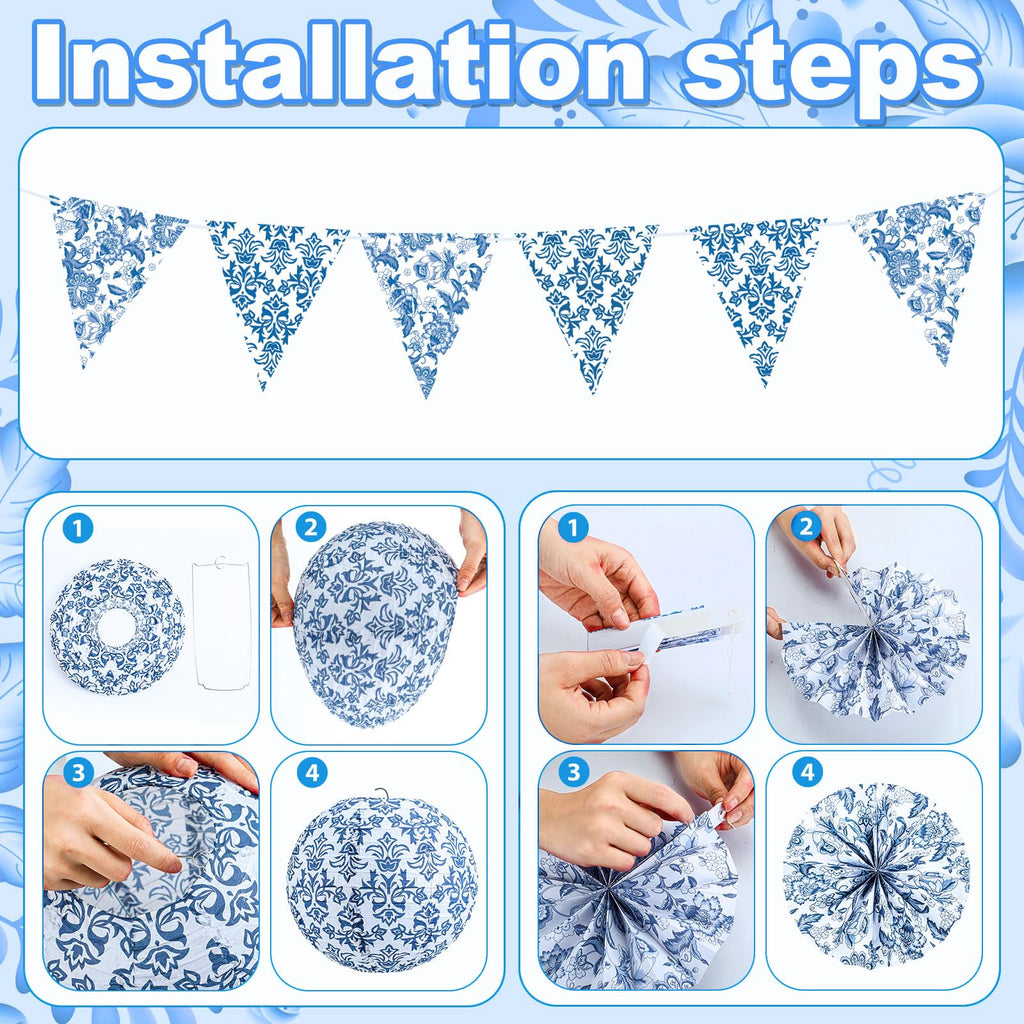 Tujoe 19 Pcs Chinoiserie Themed Party Decorations 10 Paper Lanterns 3 Triangle Flags Banner 6 Hanging Round Fans Blue and White Print Chinese Hanging Decoration for Ceiling Wedding Birthday Home Decor