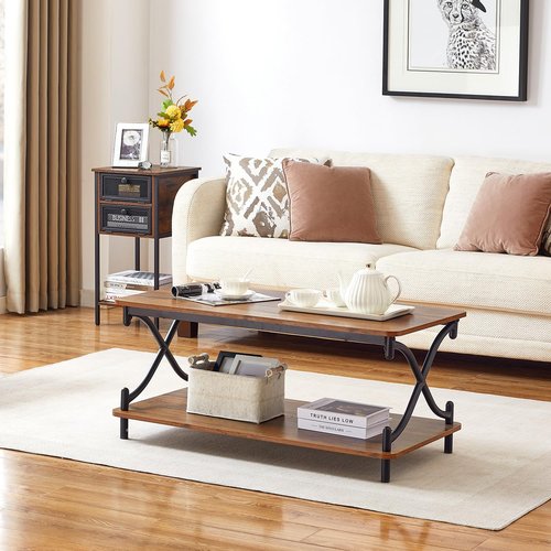 VECELO 39-Inch Coffee Table with Storage and Open Shelves for Living Dining Room, Modern Rectangle & Industrial Design, X-Shape Frame, Brown