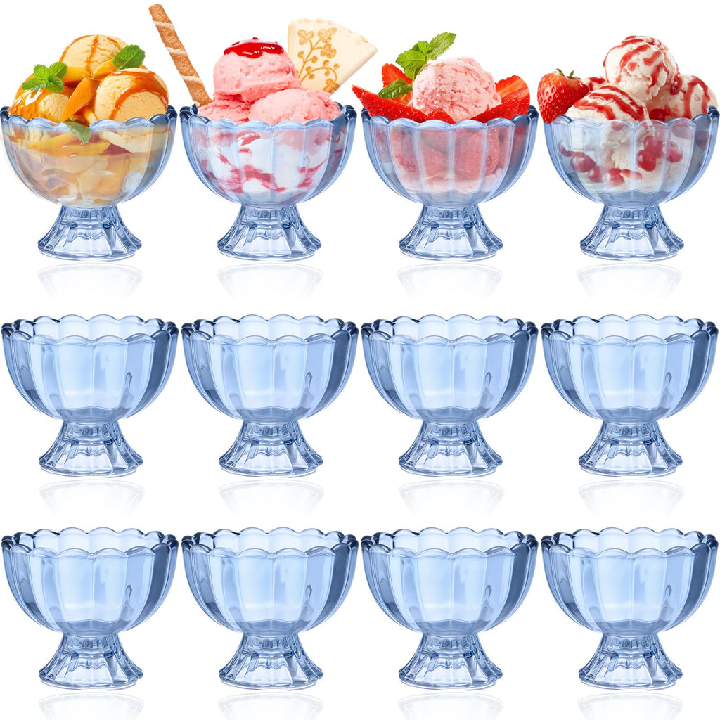 Potchen 12 Packs Small Blue Glass Ice Cream Bowls 5 oz Sundae Glasses Dessert Cups Clear Blue Tulip Ice Cream Glasses for Trifle Salad Sundae Cake Pudding Dinner Wedding Holiday Party