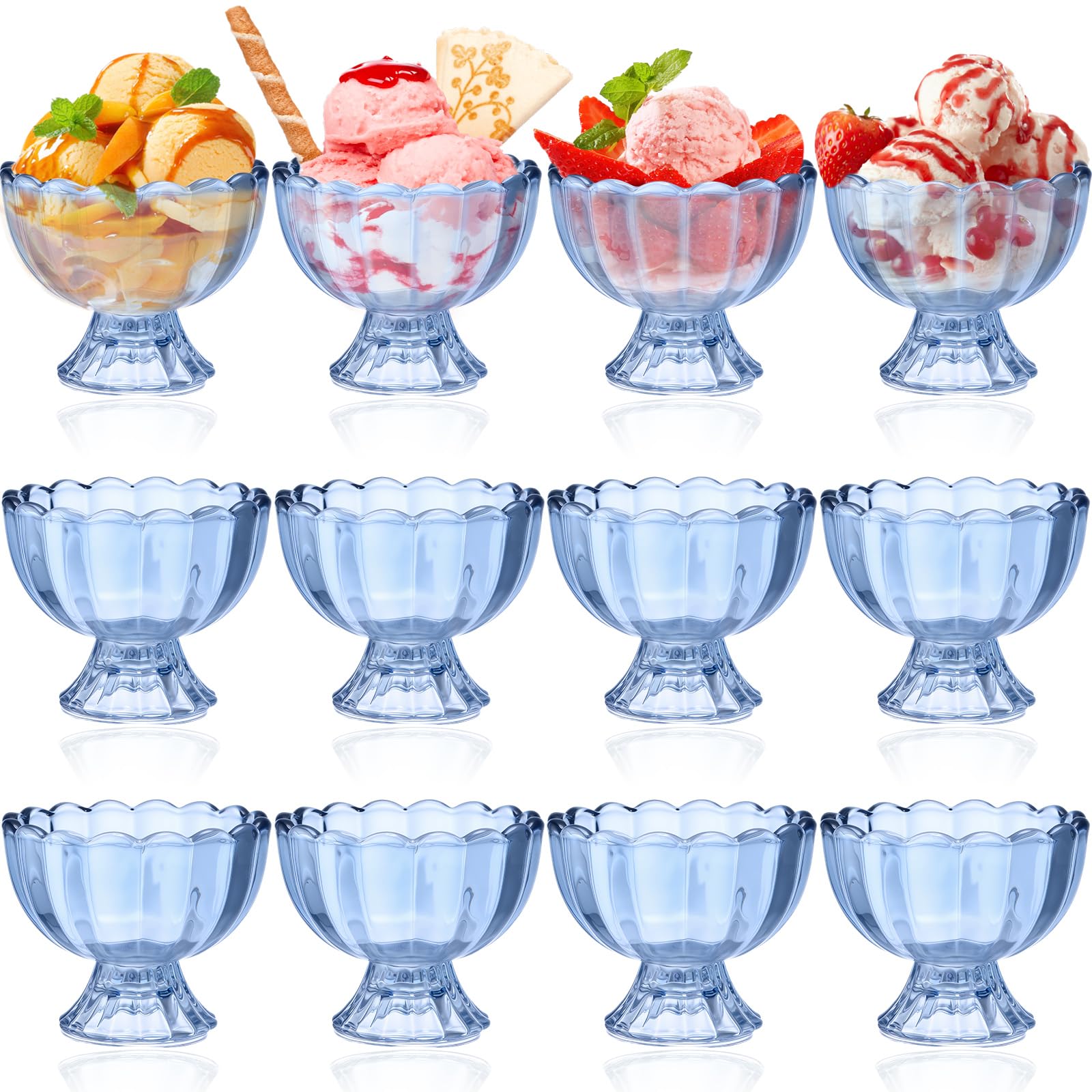 Potchen 12 Packs Small Blue Glass Ice Cream Bowls 5 oz Sundae Glasses Dessert Cups Clear Blue Tulip Ice Cream Glasses for Trifle Salad Sundae Cake Pudding Dinner Wedding Holiday Party