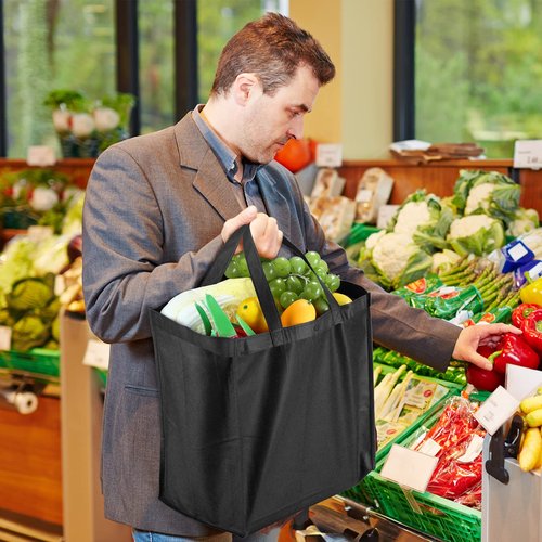 Boao 48 Pack Reusable Grocery Bags 13''L x 9.4''W x 15''H Large Foldable Shopping Tote Bag Non Woven with Handle and Button(Black)