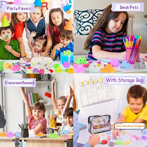 LEEHUR Kawaii Squishies - 100PCS Mini Stress Relief Fidget Toys for Kids' Party Favors | Includes Storage Bag