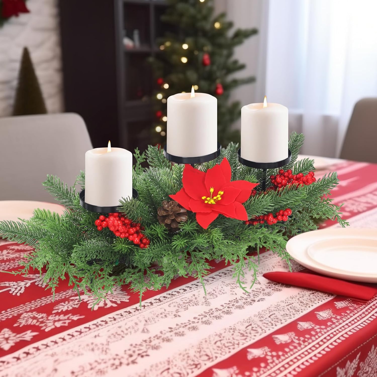 Regine Switzerland Christmas Advent Wreath Candle Holder - Festive Table Centerpiece with 3 Holders, Red Berries & Pinecones
