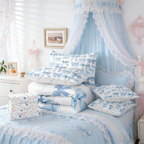 Erosebridal 7 Piece Blue Bowknot Comforter Set with Sheets for Kids Teens Women Cute Ribbon Bow Bed in A Bag Twin,Preppy Trendy Kawaii Coquette Bedding Set Butterfly Knot Bow Tie Bed Set