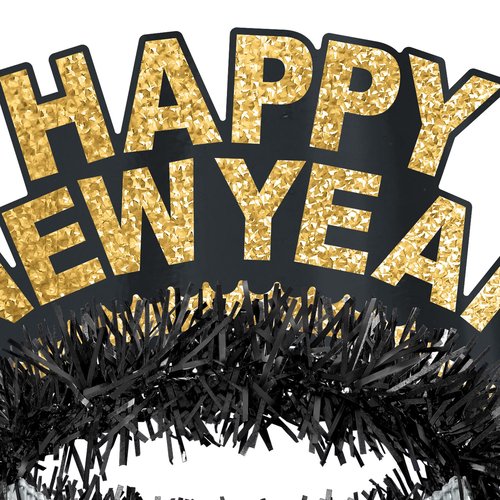 Beistle Black and Gold Happy New Year Regal Tiaras – 50-Pack Glittered NYE Headbands with Metallic Fringe and Crown Design for Midnight Celebrations, Countdown Events and HNY Party Supplies