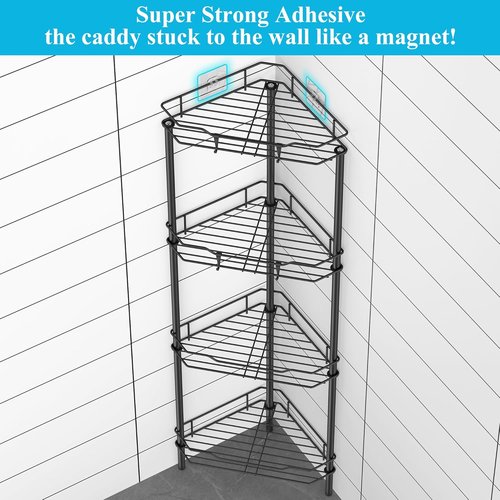 HuggieGems Corner Shower Caddy Organizer - 4 Tier Floor Standing Shelf with Hooks, Black