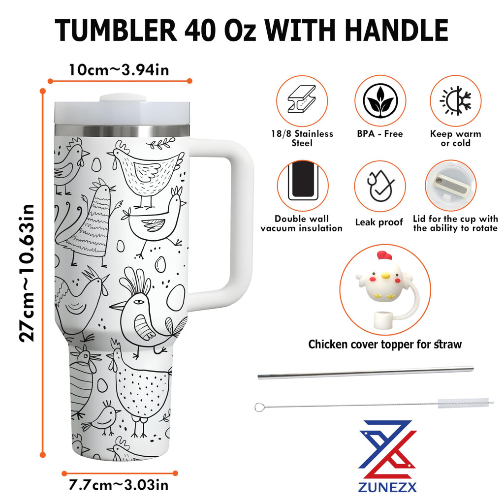 40Oz Chicken Tumbler with Handle & Straw, Chick Straw Cover - Ideal for Chicken Lady, Chicken Cups - Perfect Chicken Mom Gifts for Birthday, Christmas, Decorations, Gifts for People with Chickens