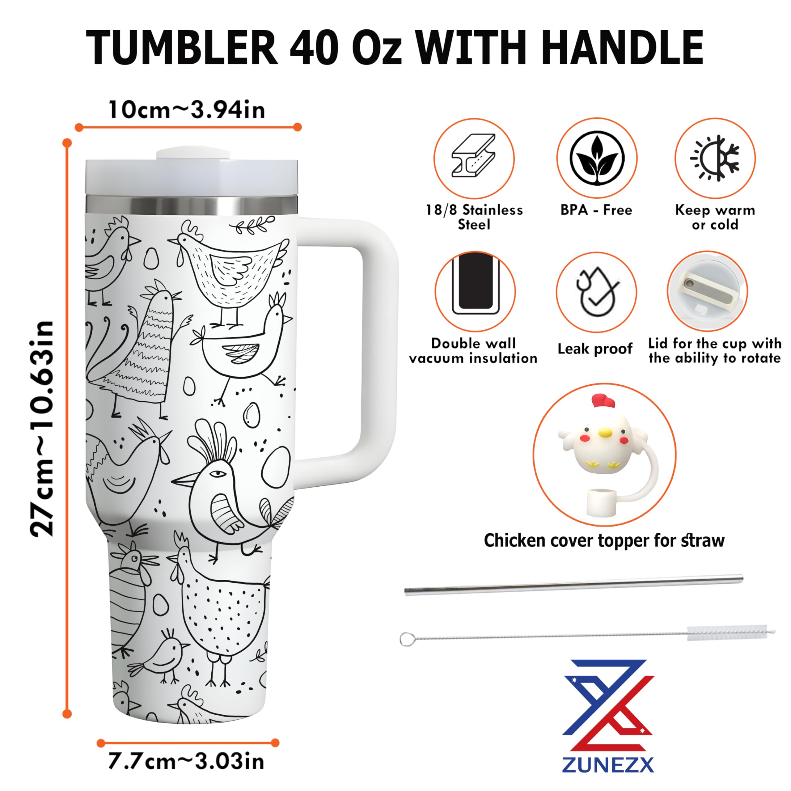 40Oz Chicken Tumbler with Handle & Straw, Chick Straw Cover - Ideal for Chicken Lady, Chicken Cups - Perfect Chicken Mom Gifts for Birthday, Christmas, Decorations, Gifts for People with Chickens