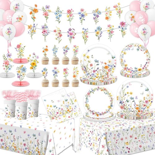 193Pcs Spring Wildflower Party Decorations Include Plates, Napkins, Cups, Balloons, Banner, Tablecloth, Cake Toppers, Honeycombs for Floral Birthday Baby Shower Party, Serve 24
