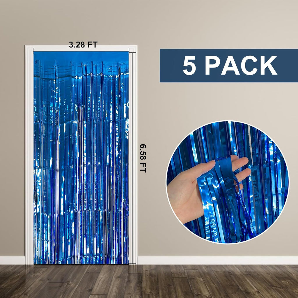 Skiennix 5 Pack Blue Metallic Tinsel Foil Fringe Curtains - Perfect for Photo Booths & Celebrations