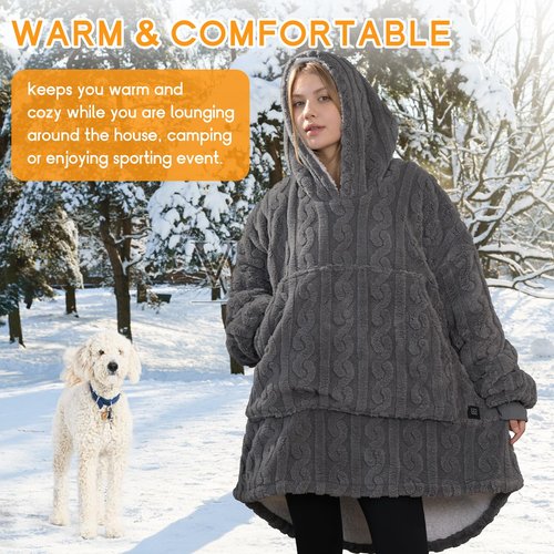 Dowin Heated Wearable Blanket Battery Powered, Come with 5000mAh Portable Rechargeable Charger, USB Fannel Sherpa Oversized Hoodie Sweatshirt, Machine Washable, Grey