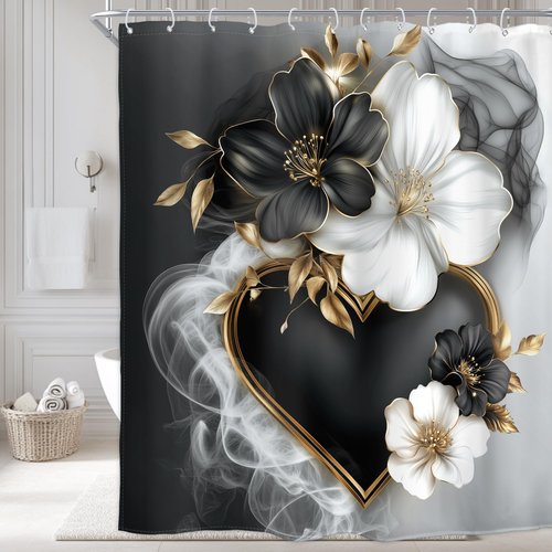 Homewelle Black White Gold Floral Shower Curtain Golden Flower Leaves Modern Luxury Contemporary 60Wx72H Inch Artistic Aesthetic for Women Girls Waterproof Polyester Fabric Bathroom Bathtub