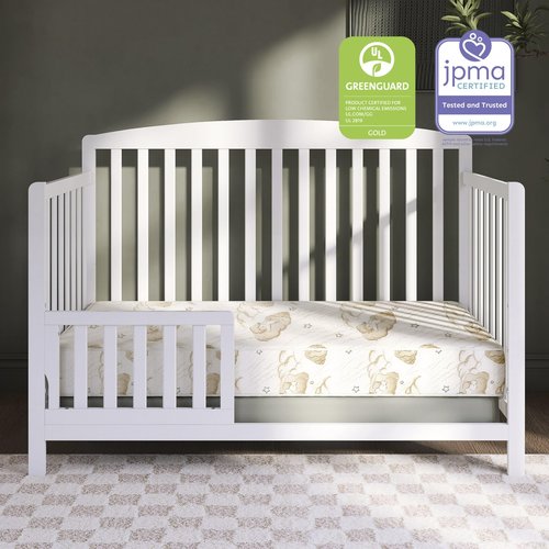 Dream On Me Sweet Dreams 88 Coil Spring Crib and Toddler Bed 6" Mattress in Blue, Green Guard Gold Certified, Beige Cloud Vinyl Cover with Baby, 17 lb