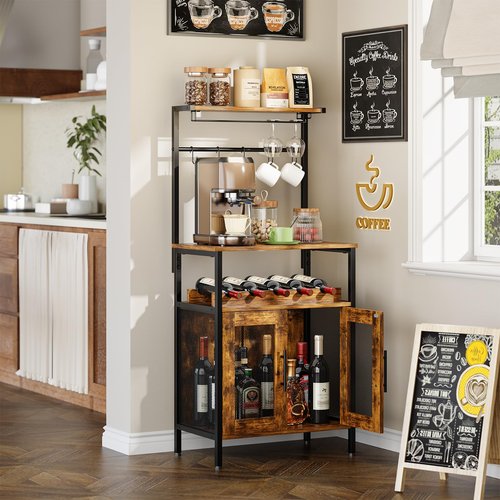 X-cosrack Bar Cabinet for Liquor and Glasses, Wine Rack Freestanding Floor for Small Space, 3-Tiers Storage Shelves, Industrial Coffee Bar with S Hooks, Small Buffet Sideboard Cabinet for Home