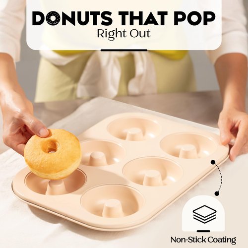 Joyfulware Donut Pan for Baking - Set of 2 Non-stick Donut Pans - Carbon Steel Doughnut Pan - 6 Cavity Full-Sized Donut Molds for Baking - Trendy Beige Donut Baking Pan