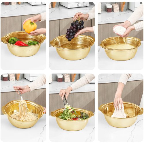304 Stainless Steel Microporous Colander with Handle, Rice Washers Microporous Strainer Set For washing vegetables, fruits and rice, and draining cooked pasta(5QT with handle-Gold)