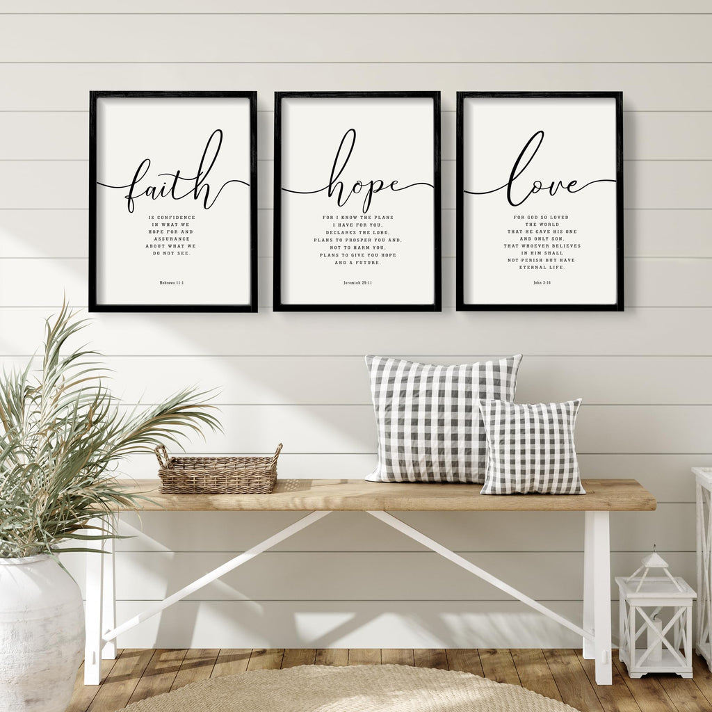 Houmury 3PCS Framed Faith Hope Love Bible Verses Wall Art Farmhouse Religious Quotes Wall Decor Inspirational Wall Art (Black, 16"x24")