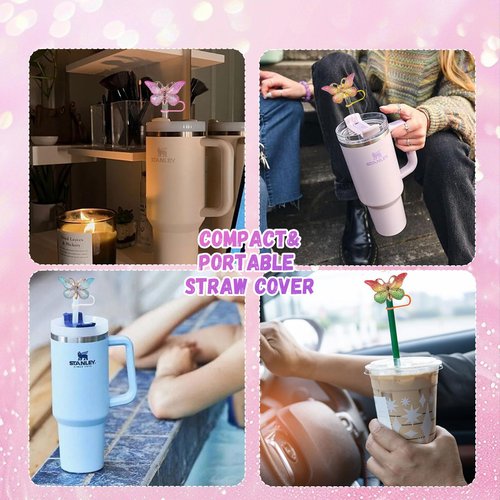 9Pcs Butterfly Straw Topper for Stanley Cup Straw Tip Covers 10 mm Silicone Reusable Straw Covers Cap Butterfly Straw Protector Cover for Stanley Cup Accessories for Keeping Dust