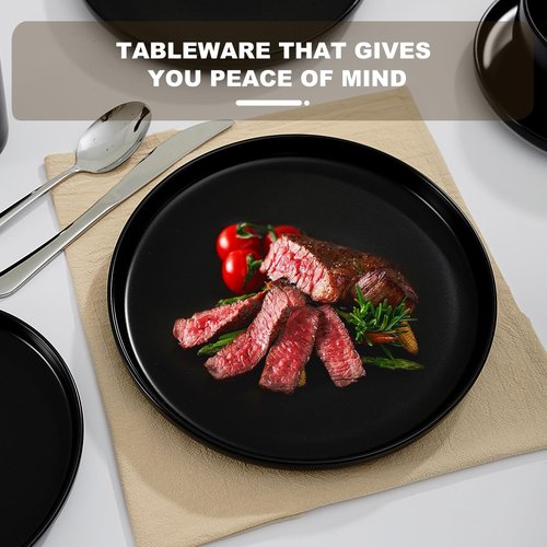 EWFEN 16-Piece Ceramic Dinnerware Sets with Mugs for 4, Black Plates and Bowls Set with Classic Design, Scratch Resistant Dishes Set, Dishwasher & Microwave Safe