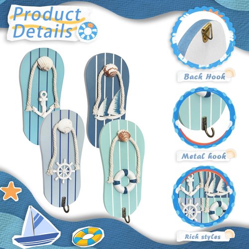 KYIEN Cute Flip Flop Small Towel Wall Hooks- Wooden Beach-Themed Rack with Metal Hooks (9.3") - Coastal Decor for Bathroom & Poolside, Beach Houses for Hanging Key Purse (Blue and White)