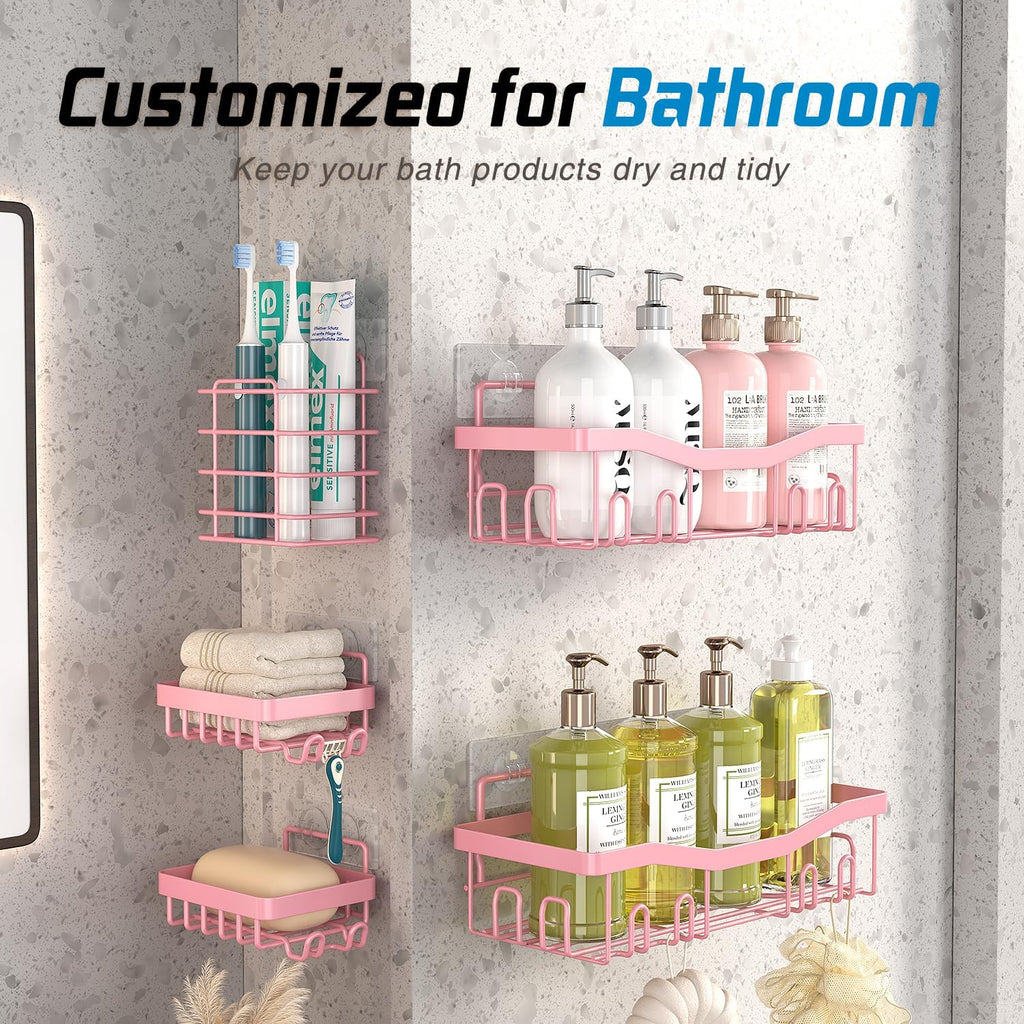 Youvip Adhesive Shower Caddy - No Drilling Bath Organizer Set | 5 Rustproof Shelves in Pink