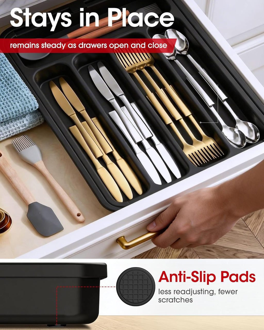 Aujen Silverware Organizer - Expandable Utensil Tray for Cutlery Storage | Adjustable Black Medium Size