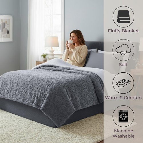 Lavish Home Floral Etched Fleece Blanket with Sherpa-F/Q-Grey