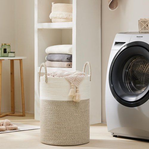 Cotton Rope Laundry Basket by YOUDENOVA, 58L Woven Collapsible Laundry Hamper, Clothes Hamper with Reinforced Handles in the Laundry Room, Bedroom, Bathroom, Brown
