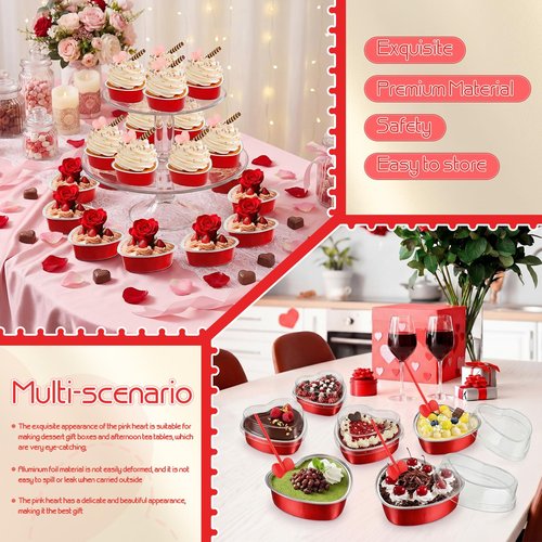 Blushtier 120 Set 3.4 oz Heart Shaped Cake Pans with Lids Spoons for Baking Aluminum Foil Cupcake Cups Disposable Mini Plastic Spoons Heart Containers for Valentine's Day Wedding Birthday Party (Red)