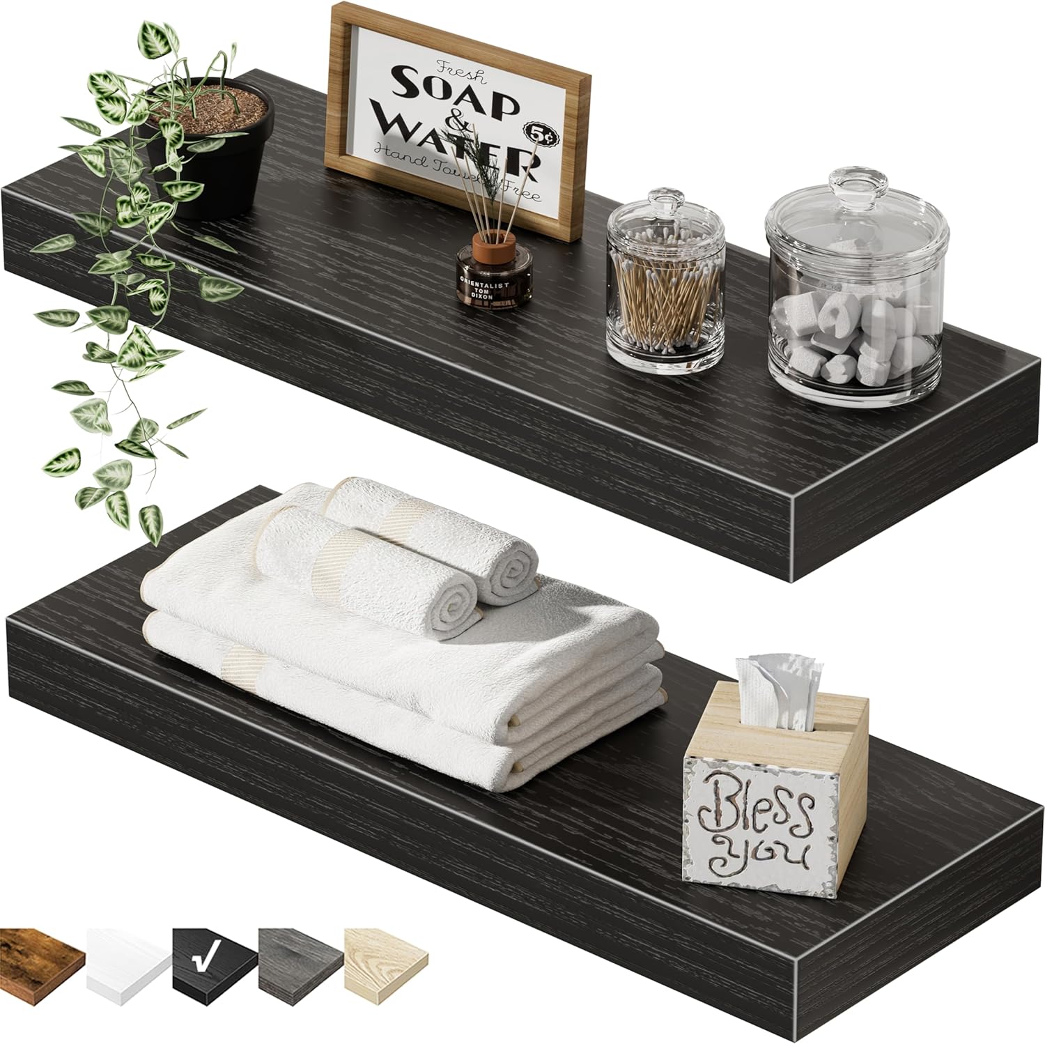 QEEIG Floating Bathroom Shelves - Wall-Mounted Farmhouse Decor | Set of 2, 15.7" x 6.7", Black